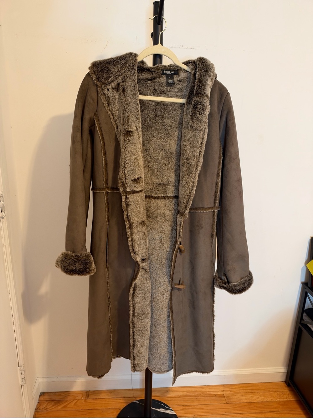 Faux Shearling Hooded Coat in Brown